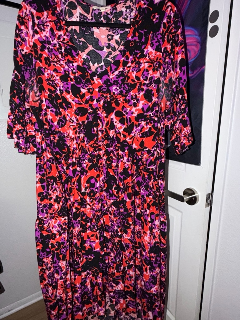 Women's Floral V-Neck Midi Dress in Red, Black & Purple